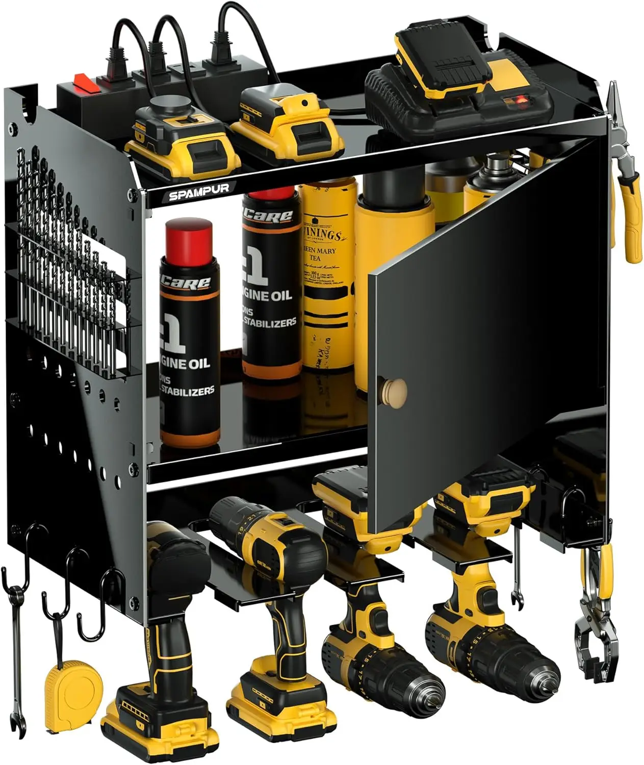 

Power Tool Organzier with Charging Station, Garage Storage Cabinet with Doors and Shelves, Metal Wall Mount Rack with 4 Drill Ho