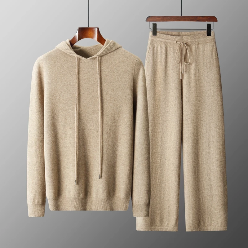 100% Merino Wool Hoodie Set Spring Autumn Men's Hoodie Casual Elastic Waist Loose Wide Leg Pants Solid Color Warm Two Piece Set.