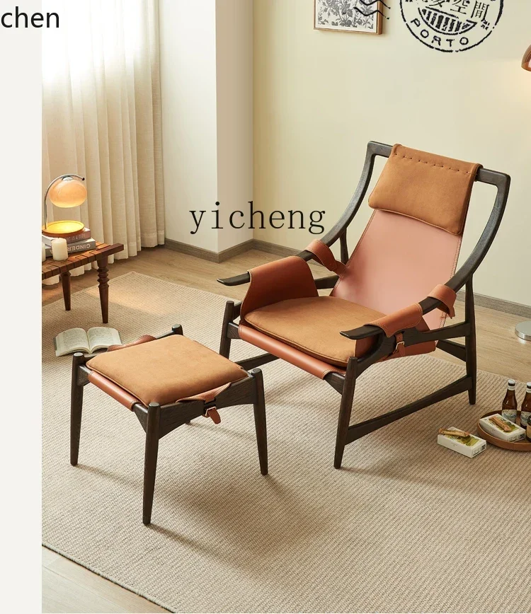 YFY  Retro Single Sofa Solid Wood Living Room Home Designer Saddle Leather Leisure Chair