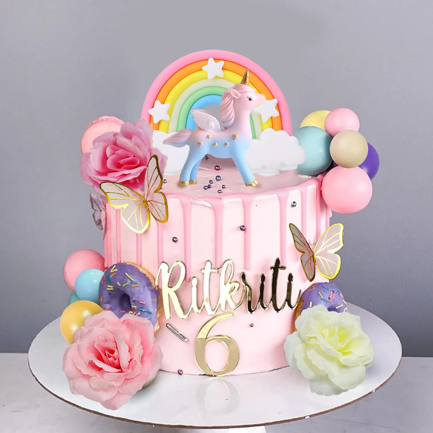 47 Uds. Adorno para tarta de unicornio, decoraciones para tarta de arcoíris con mariposas, bolas de unicornio, decoración para tarta de cumpleaños para niños y niñas