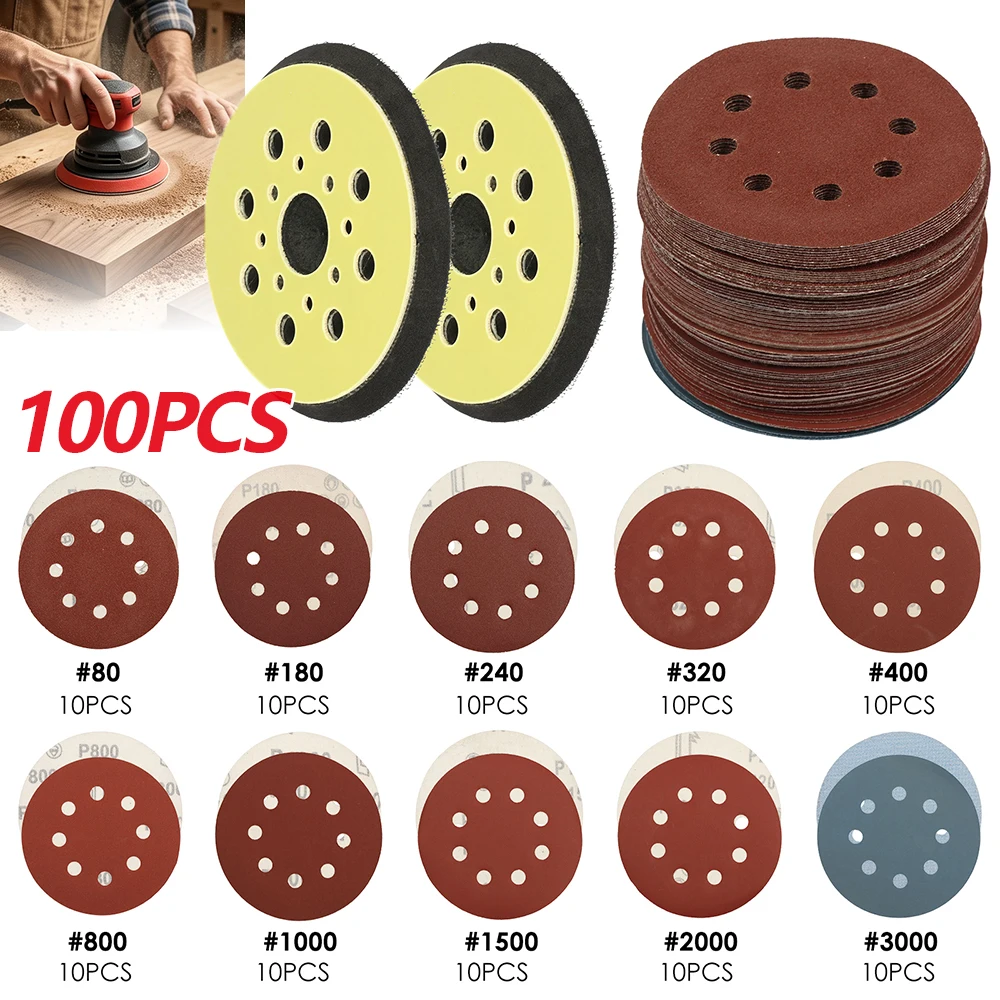 100Pcs 5 Inch Sanding Discs Set 8 Holes Round Sander Pads and Sanding Discs 80 to 3000 Mixed Grits Sandpaper Tool Accessories