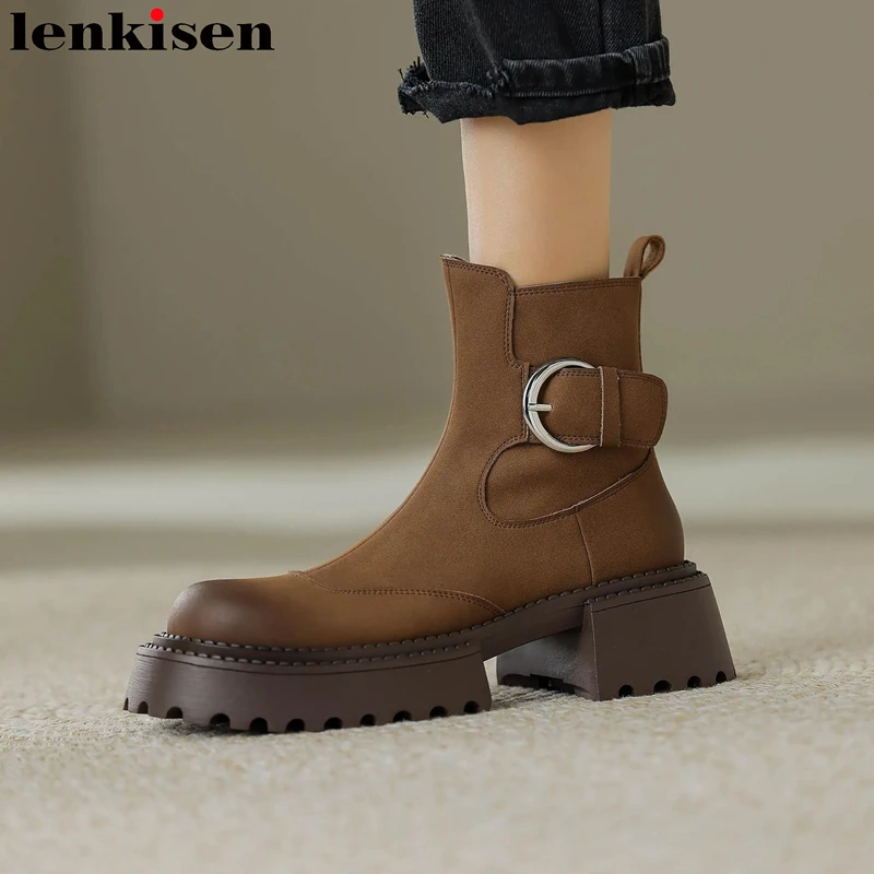 

Lenkisen Fashion Cow Leather Metal Buckle Platform Round Toe Med Heels Winter Western Boots Vintage Casual Keep Warm Ankle Boots