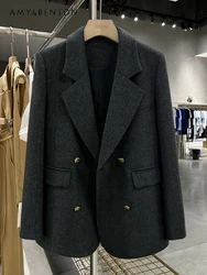 Office Lady Dark Gray Twill Fashion Woolen Blazer Women Autumn Winter New High-end Graceful Socialite Double-breasted Slim Coats