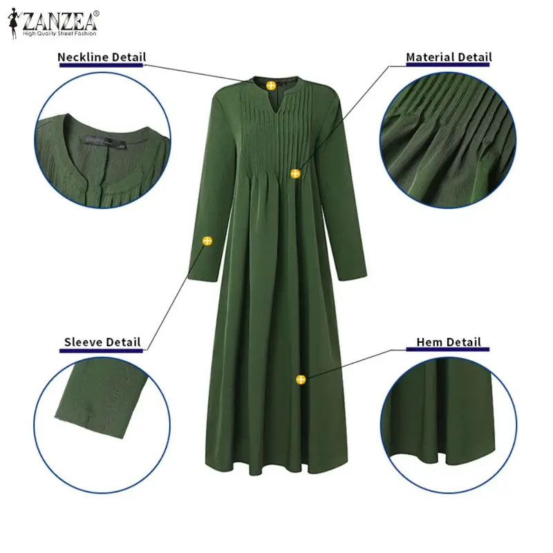 ZANZEA – robe longue pour femmes, col en v détaillé, manches longues, couleur unie, décontractée, ample, ligne a, vêtements pour femmes, printemps 2026