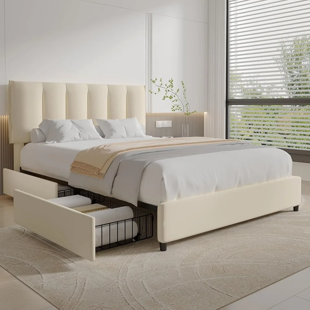

VECELO Queen Size Bed Frame with 4 Storage Drawers, Adjustable Height Headboard, Heavy-Duty Platform Bedframe with Strong Wooden