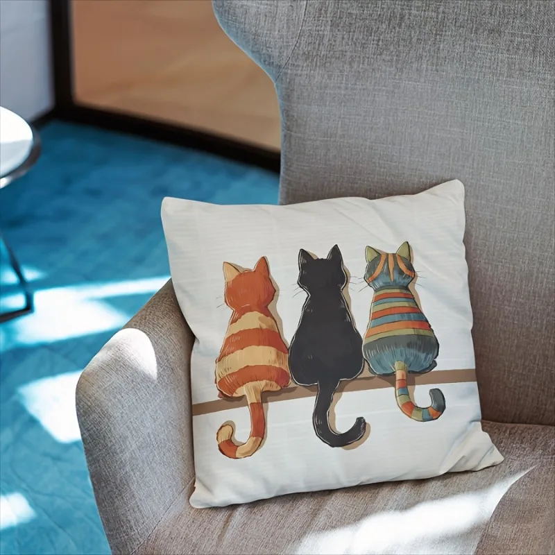 Cute Three Cats Throw Pillow Cover, Whimsical Back View Cat Art Decorative Pillow Case for Cat Lovers