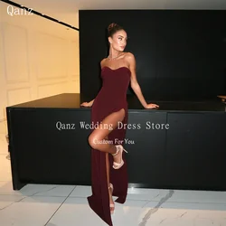 Qanz Modest Satin Evening Dresses High Slit Sexy Mermaid Vestidos De Verano 2025 Burgundy  Lace Up Back Prom Dresses Customized