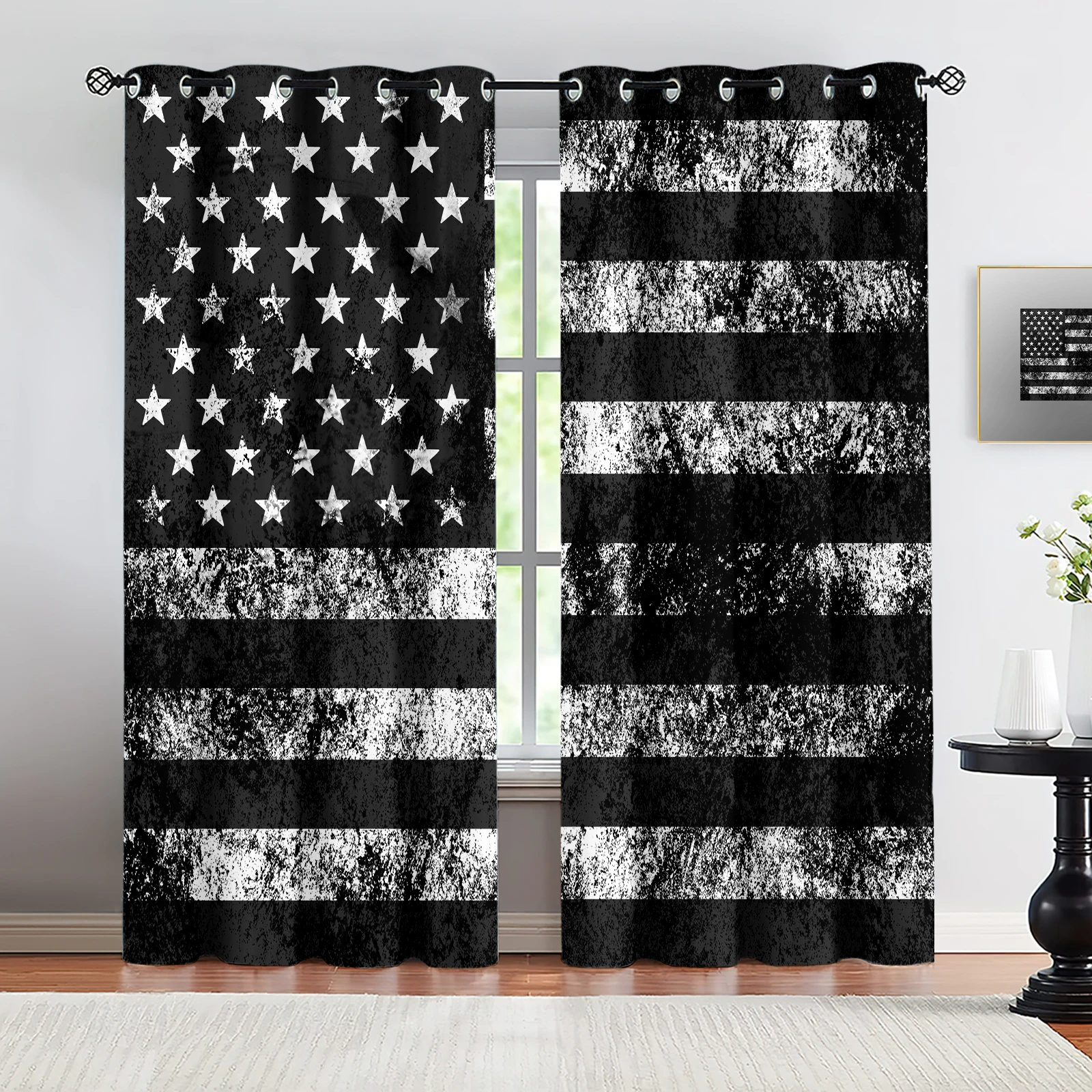 

Hot Vintage Style Black & White American Flag Blackout Curtains For Bedroom Kitchen Dining Room Living Room Study Office Decor