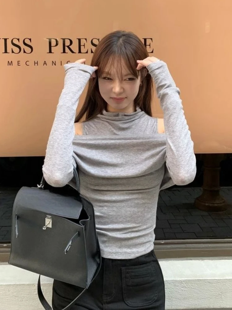Camisetas lisas con hombros descubiertos para Mujer, manga larga, elegante, ajustada, estilo coreano, diseño que combina con todo, ropa de calle de ocio para Mujer