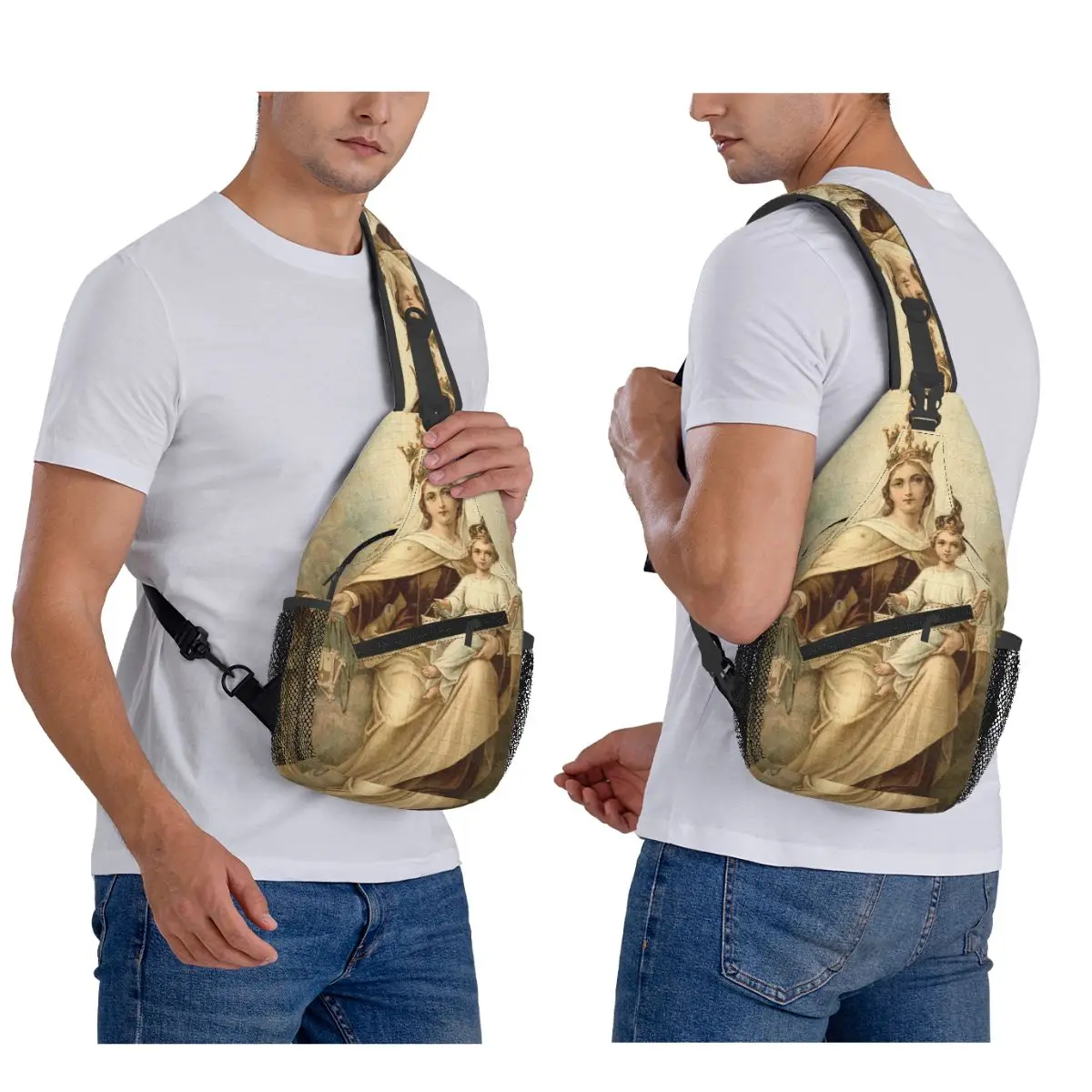 The Virgin Mary Holding The Baby Pattern Chest Bag Men Sling Crossbody Backpack Chest Bag Traveling Hiking Daypack Shoulder Bag