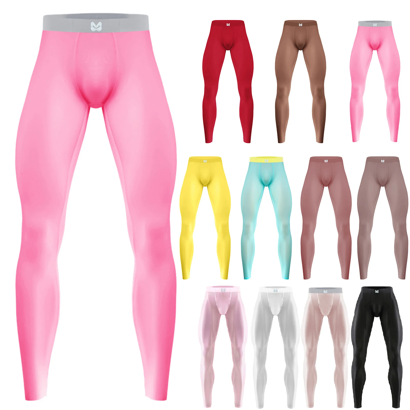 Mens Yoga Pants Silky Fitness Leggings Elastic Waistband Bulge Pouch Seamless Stretchy Tights Pants for Gym Sportswear Cycling