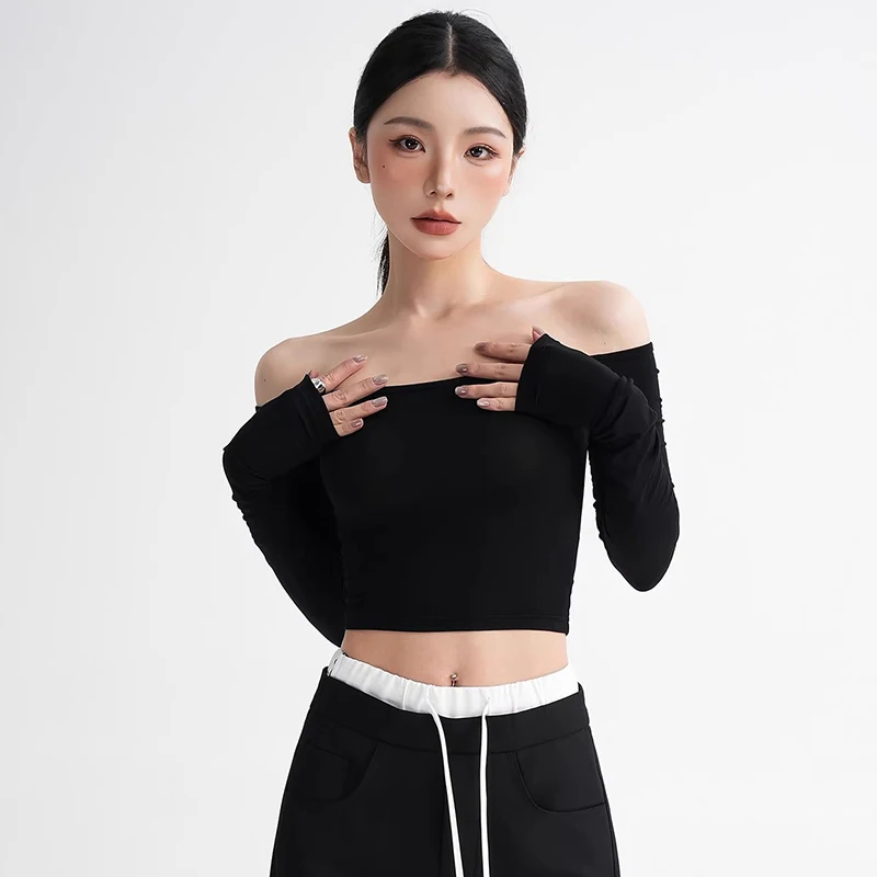 Ladies Y2K Off Shoulder Long Sleeve Crop T‑shirt Thumb Cuff Design Soft Ribbed Jersey Slim Fit Going‑Out Short Blouse Top
