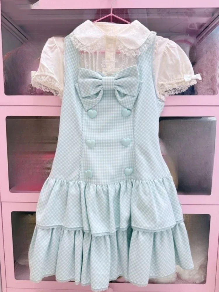 Japońska krata słodkie słodkie sukienki Harajuku Mini Love Button bez rękawów Vestidos Y2k estetyczne kobiety potargane plisowana sukienka wróżki
