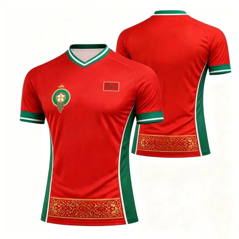 Nouveau Maillot de Foot Marocain Rouge et Vert 2026 pour Homme – Commémoratif, Séchage Rapide, Sport Décontracté, Entraînement, T-shirt