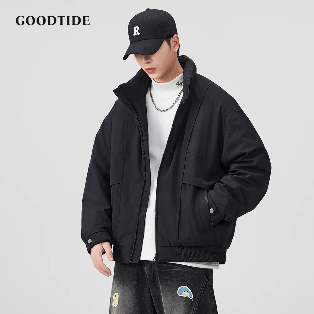 

Модная мужская повседневная куртка-бомбер на молнии, зима 2025 года, новая куртка-стойка с несколькими карманами, свободная посадка, мужская теплая пуховая куртка, топ