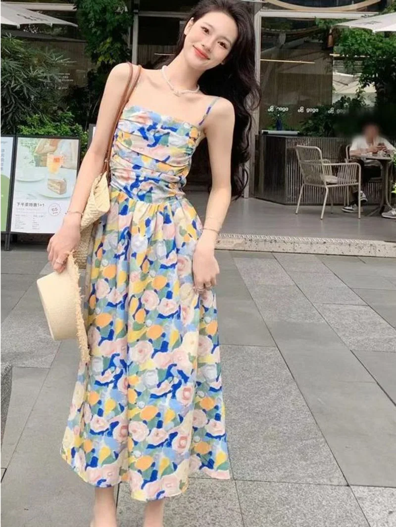 

Vacation style floral camisole skirt oil painting style dress womens clothing summer waist tightening slimming A-line long UZTS