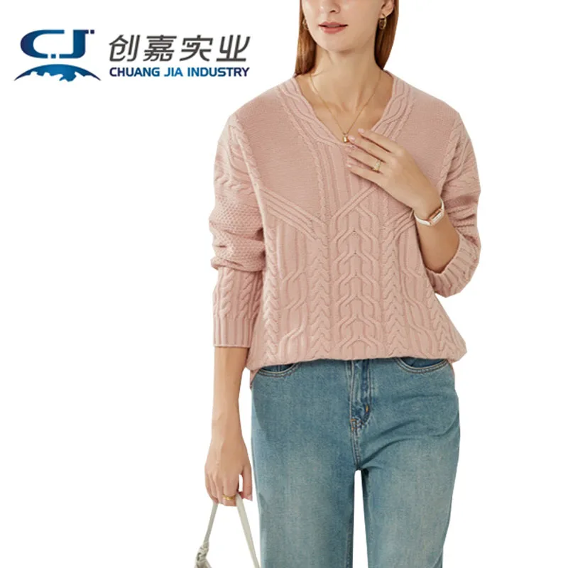 Autumn and Winter Women's 100% Cashmere Sweater V-neck Thick Twisted Fleece Loose Stylish Warm Outdoor Top Women's Clothing