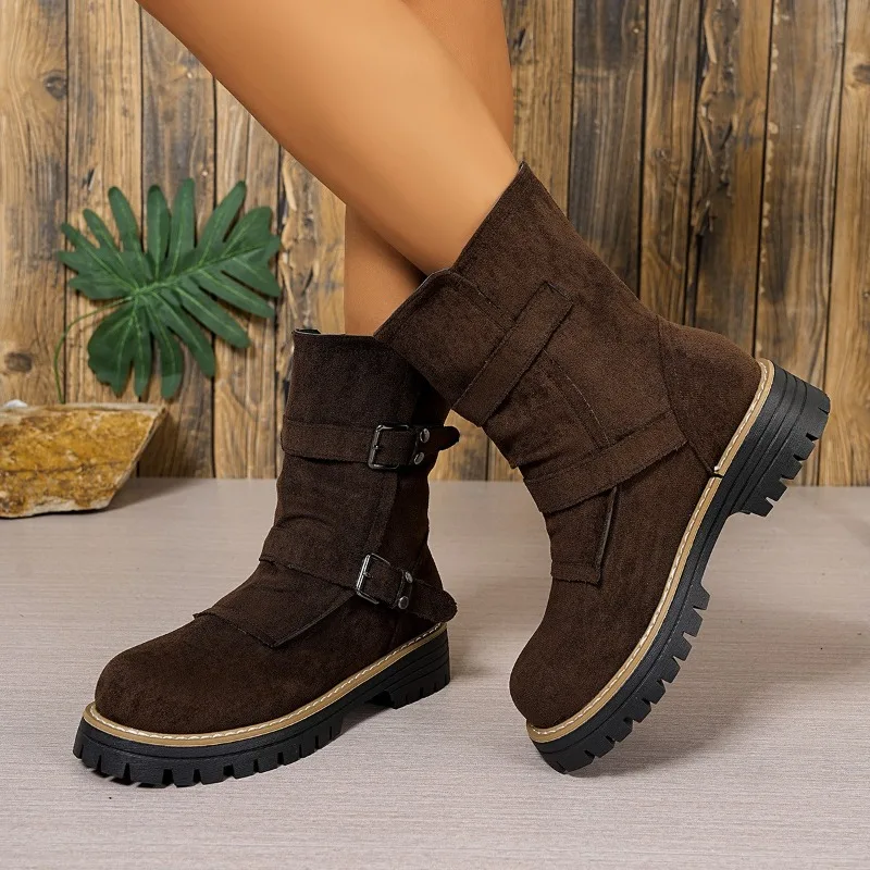 Women's 2025 New Autumn Retro Versatile Skinny Maillard with Platform Booties