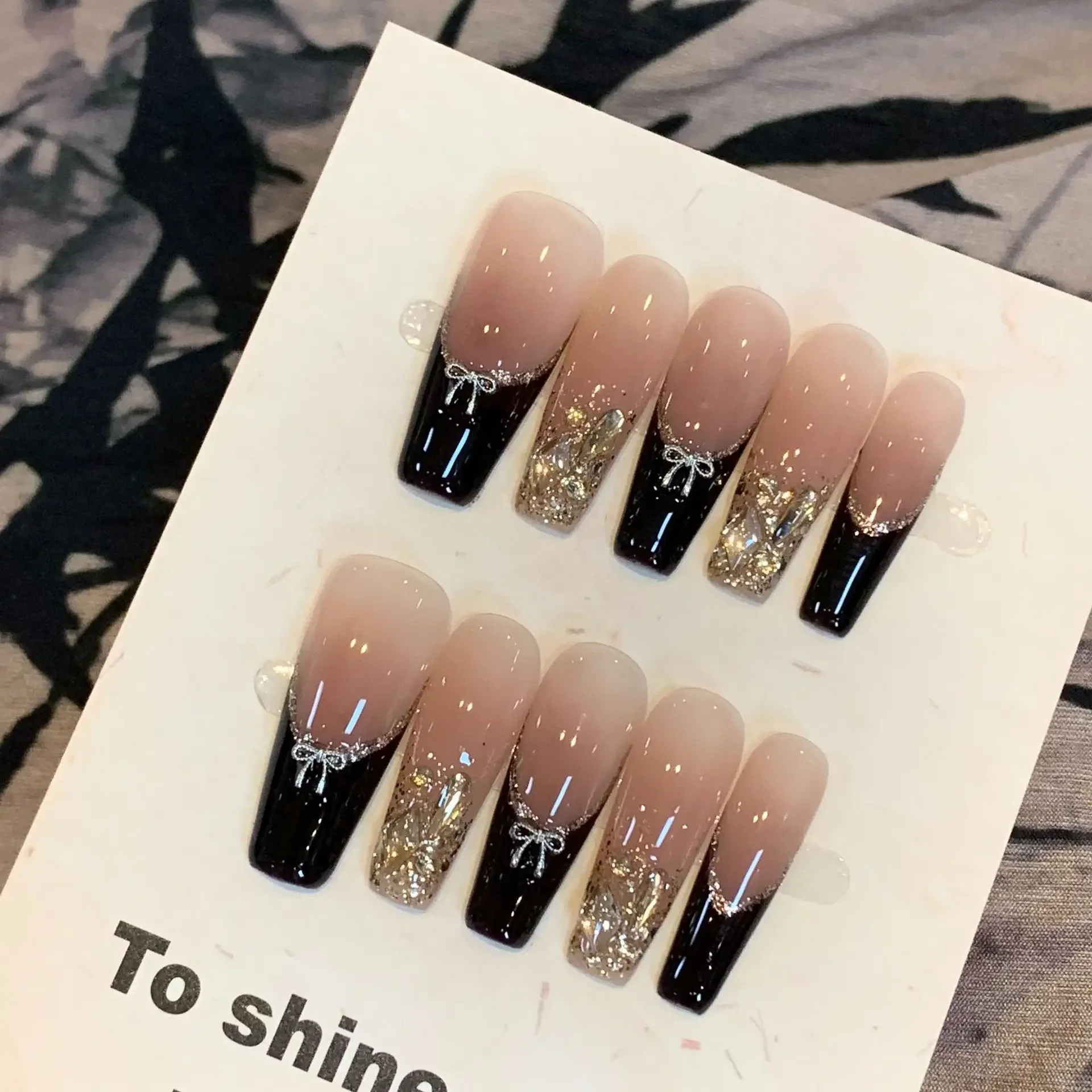 

10Pcs Black French Press on Nails with Diamond Metal Bow Design Fake Nails Wearable Handmade False Nail Glitter Ballet Nail Long