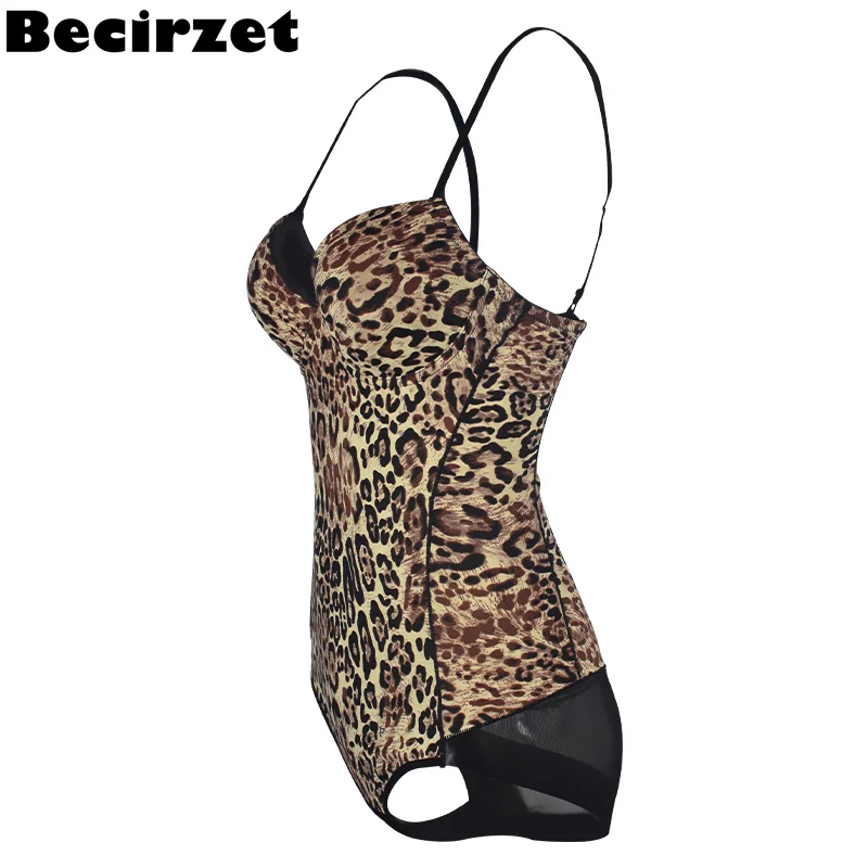 Leopard Print Shapewear Woman Waist Shapers Female Underwear Open Crotch Thong Sexy Lingerie Bodysuit With Cups Push Up