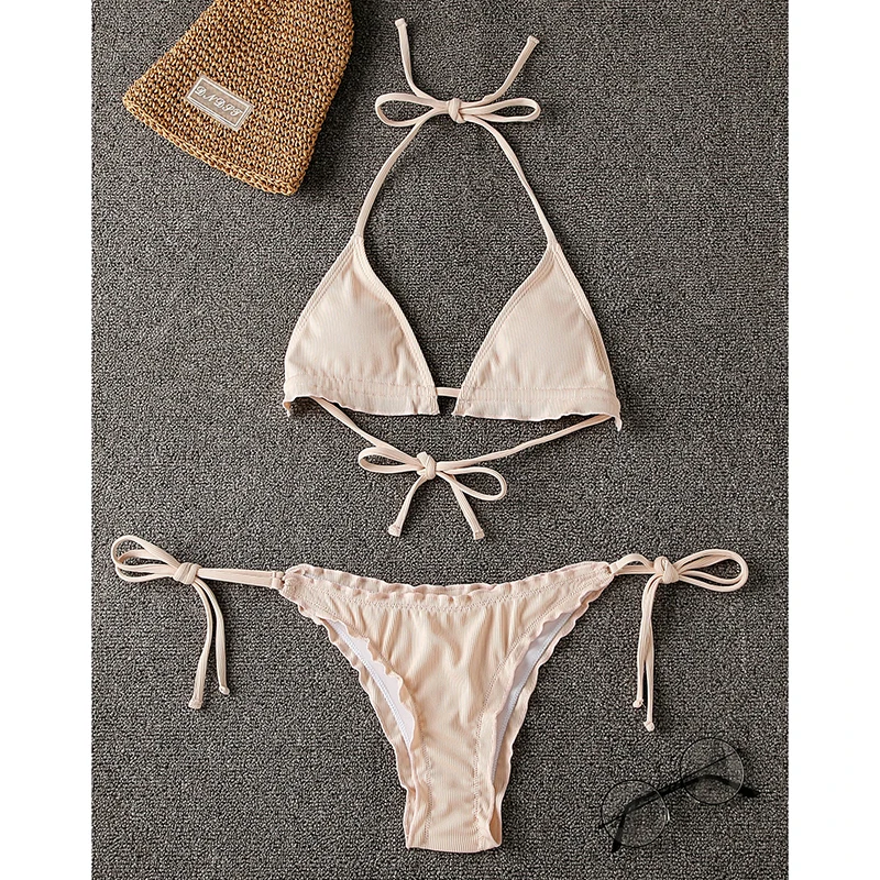 

Модный однотонный купальный костюм женский сексуальный треугольный Холтер с открытой спиной на шнуровке стринги микро бикини 2025 новый повседневный пляжный купальник для отдыха