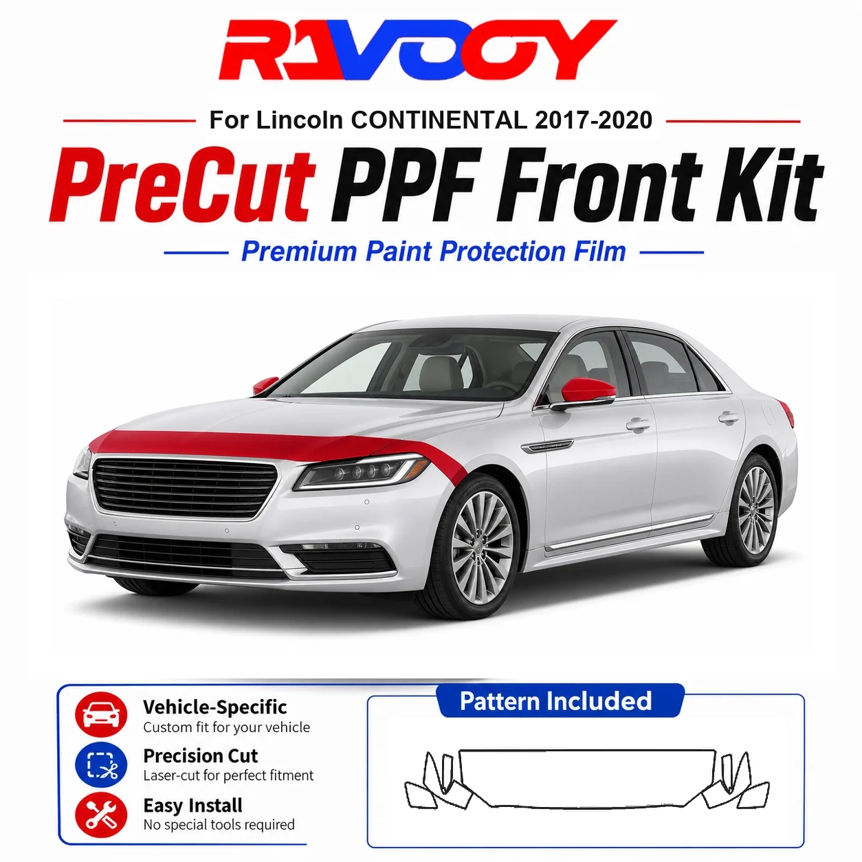 Kit de Película Protetora (PPF) Pré-Cortada de TPU 8.5mil para Lincoln CONTINENTAL 2017-2020 - Conjunto para Capô, Para-lamas e Espelhos - Película Transparente Autorreparável