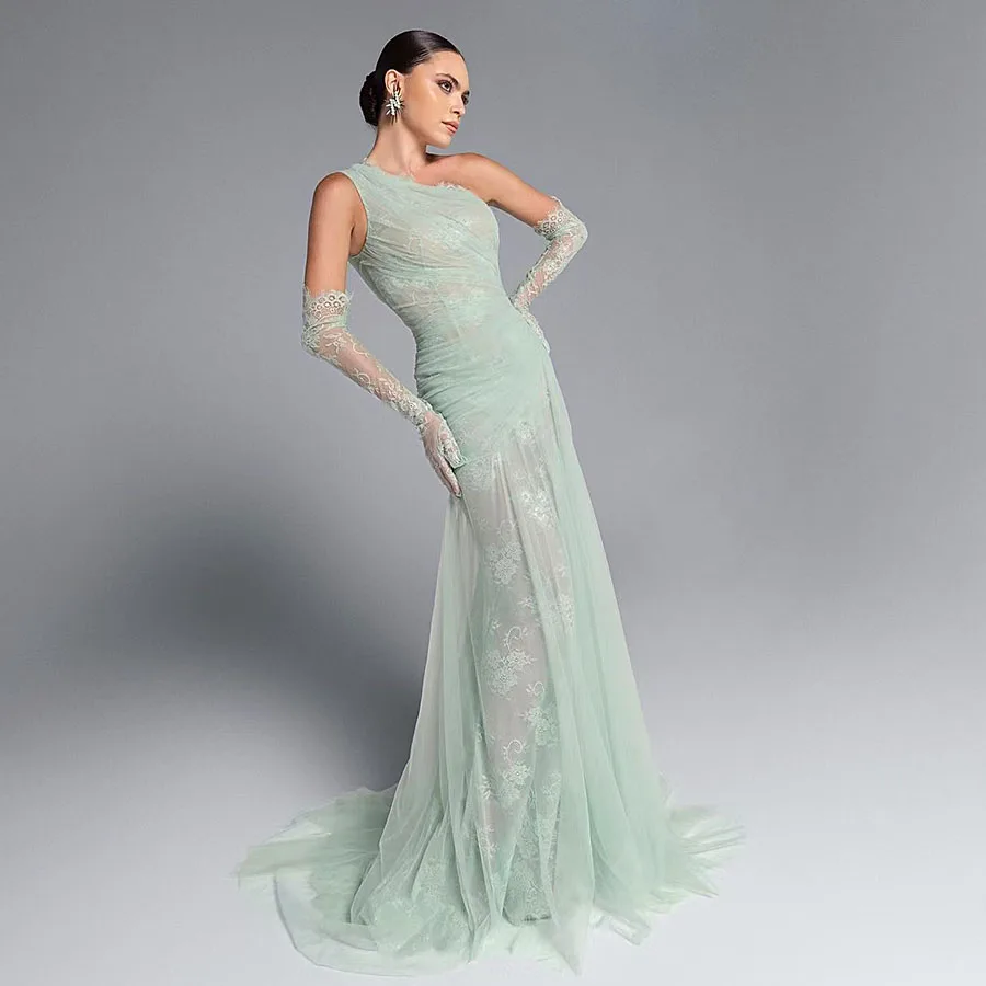 Green Lace Prom Gowns One Shoulder Mermaid Evening Dress Gloves Saudi Arabic Sweep Train Elegant Prom Party Dresses Custom