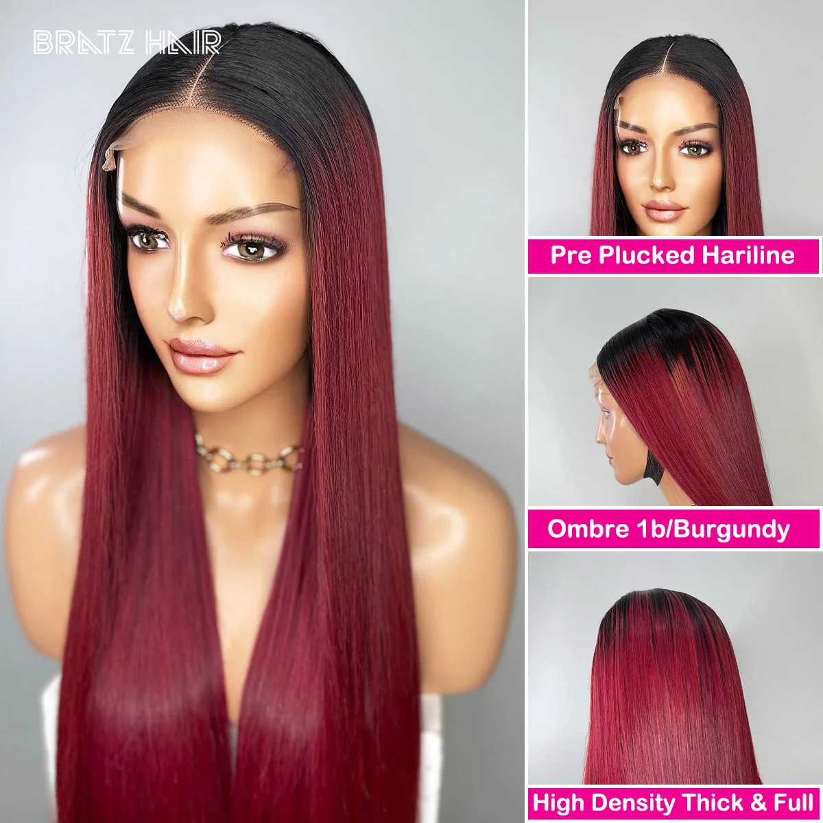 Glueless Bone Straight 5x5 Closure Wig Burgundy with Black Root Human Hair Wig for Woman Pre Plucked 13x6 13x4 Lace Frontal Wigs