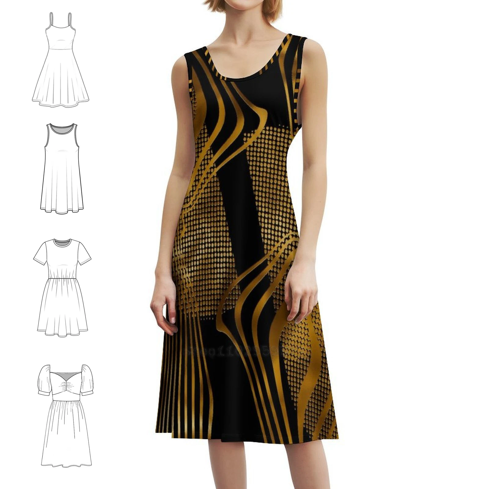 فستان بوهو شيك مطبوع مخطط ذهبي تجريدي أنيق لحفلات الزفاف على الشاطئ، فستان تجريدي ذهبي أسود ذهبي مخطط