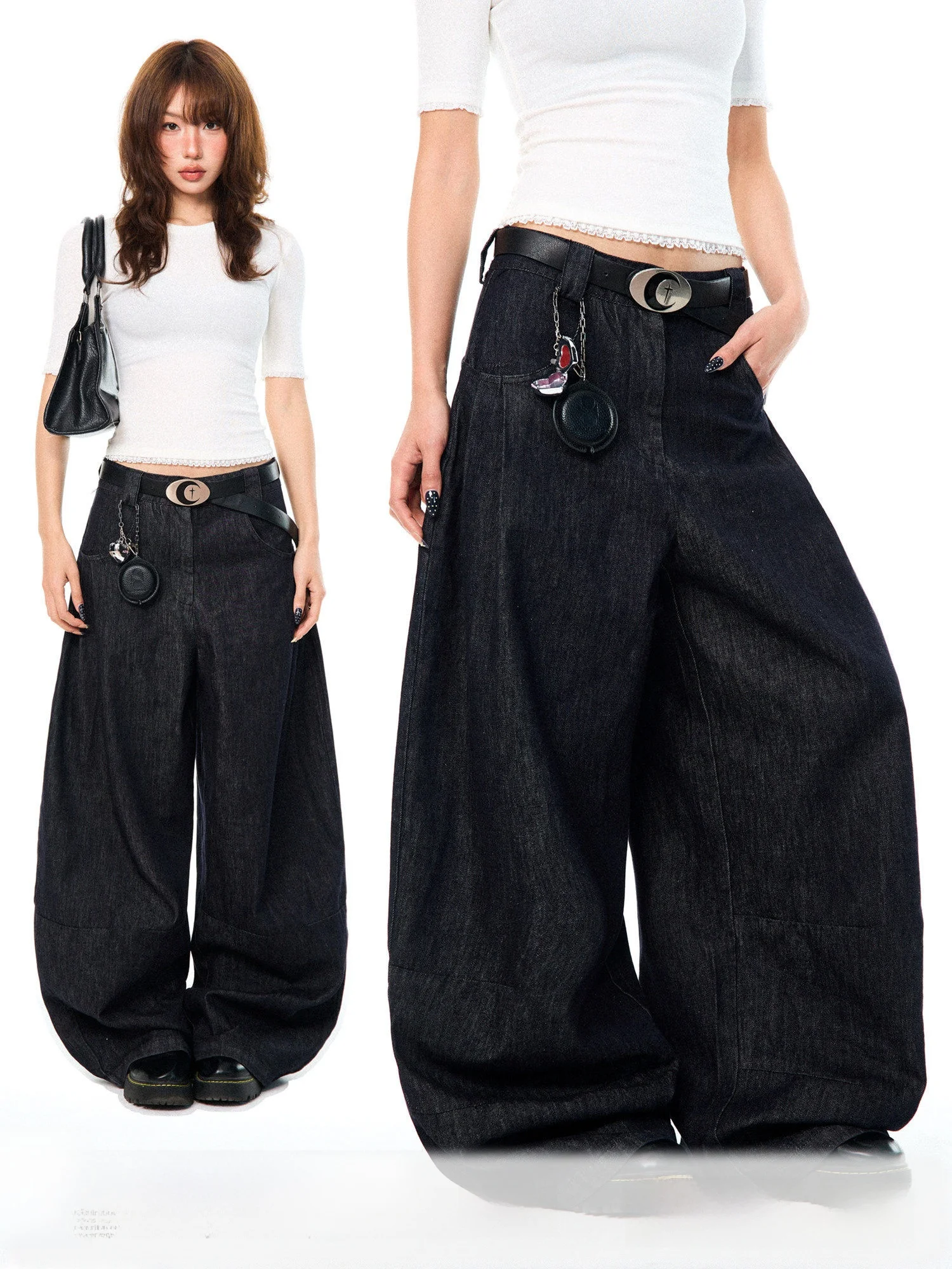 

Джинсы Young Stage в американском ретро-стиле, широкие, свободные, с эффектом драпировки, повседневные, с отворотами на талии