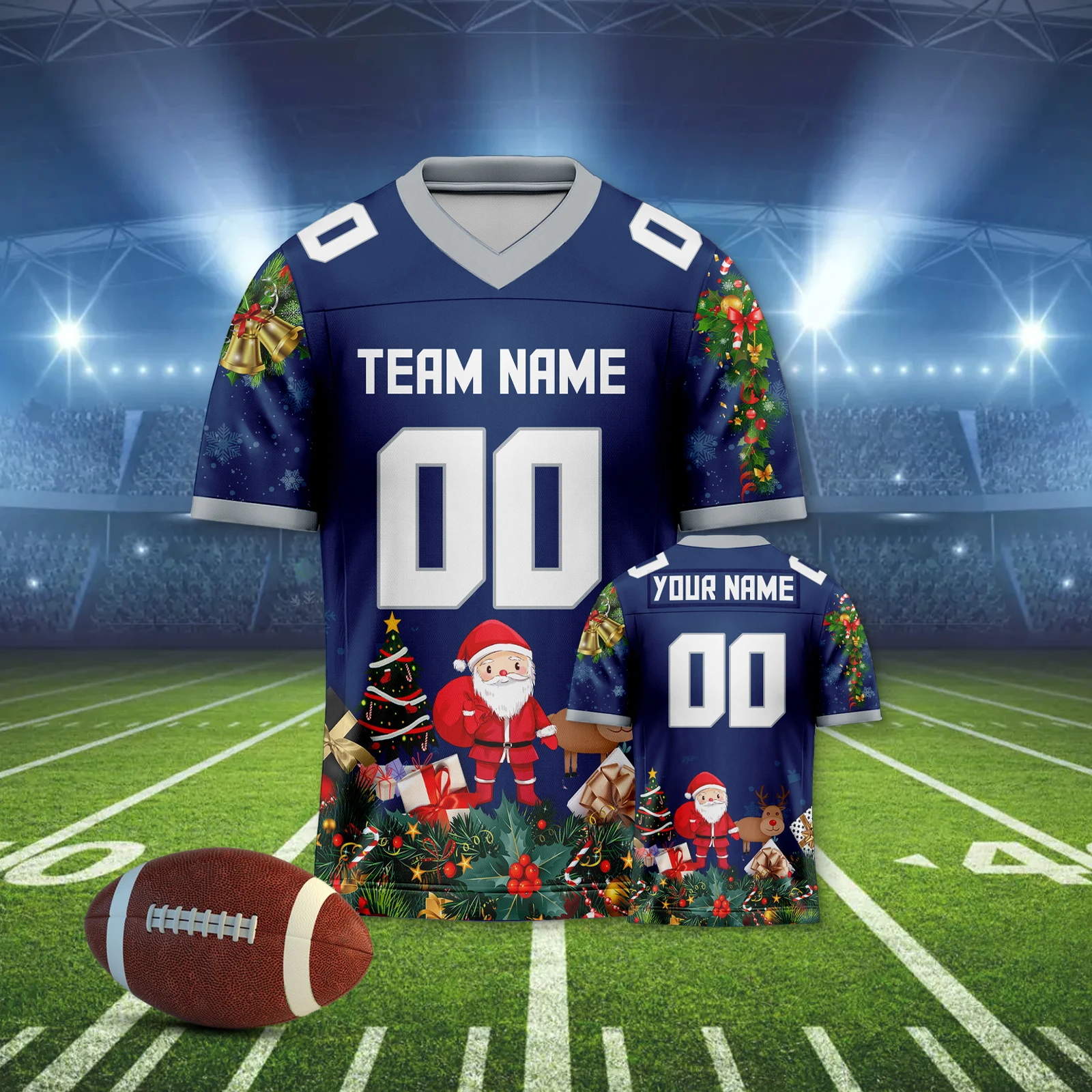 Navy Blue Custom Christmas American Football Jersey for Men Women Youth Kids Santa Design Print Team Name Number Uniforms