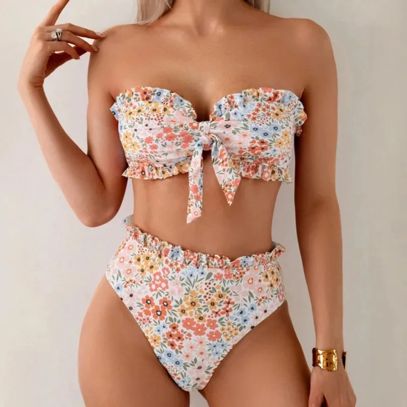 Flowers Printed Bandeau Female Swimsuit High Waist Bikini Women Swimwear Two-Pieces Bikini Set Bather Bathing Suit Swim