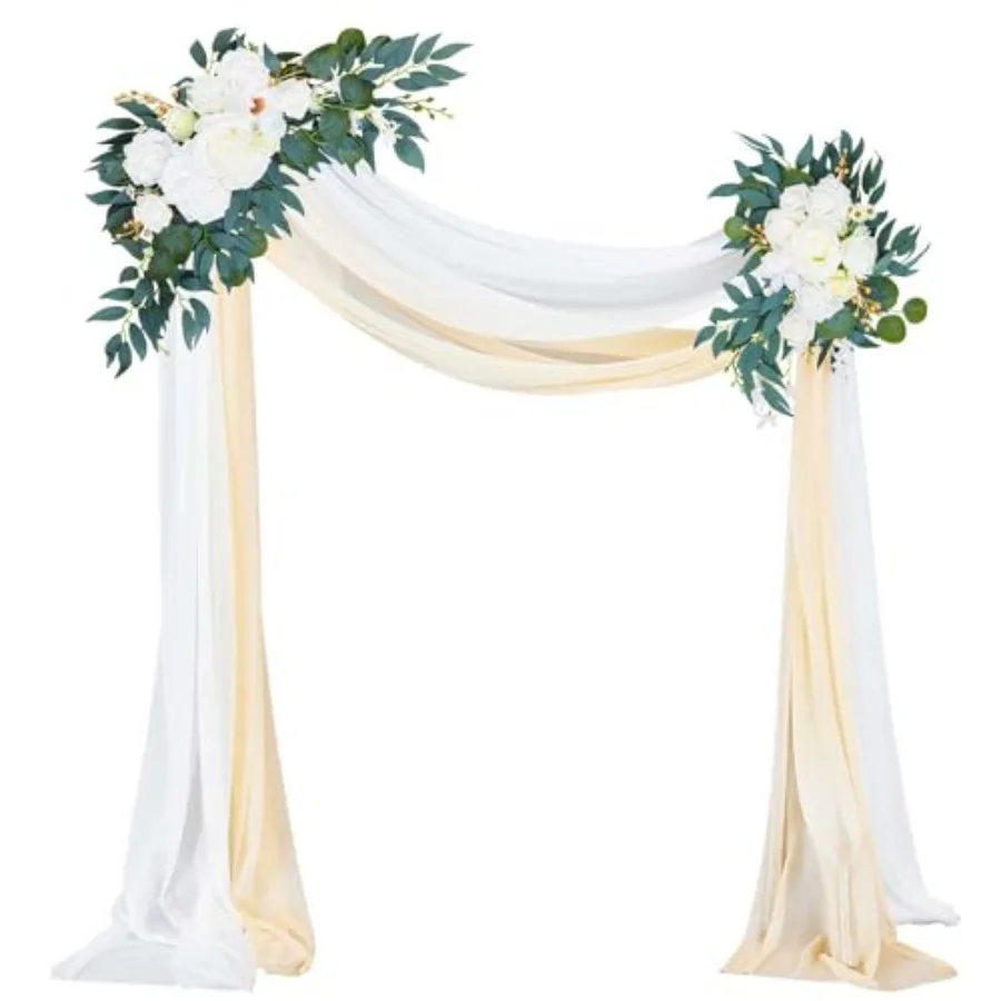4 Pcs Wedding Arch Flowers and Drape Kit Include 2 Artificial Floral Swag and 2 White Chiffon Drapes Faux Flower Set for DIY We