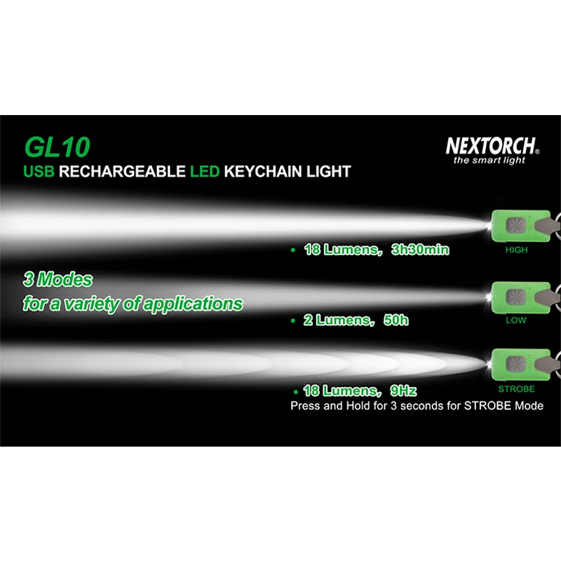 NEXTORCH 충전식 리튬 이온 배터리 캠핑 LED 미니 키 라이트, EDC 그린, 무게 13g, USB, GL10