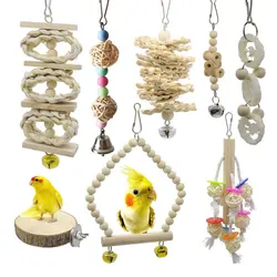 8PCS Set Combination Parrot Bird Toys Wood Articles Bite Pet Bird Toys For Parrot Training Bird Toy Swing Ball Bell Standi