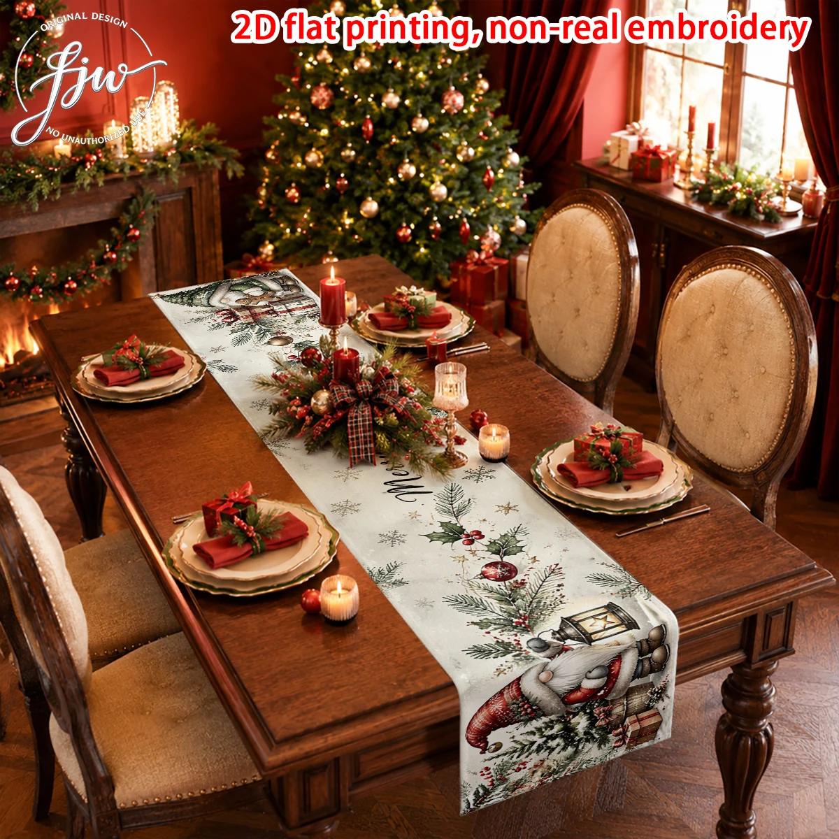 1pc Christmas Table Runner, Vintage Xmas Tree Gnome Winter Holiday Dining Table Decor for Home Party