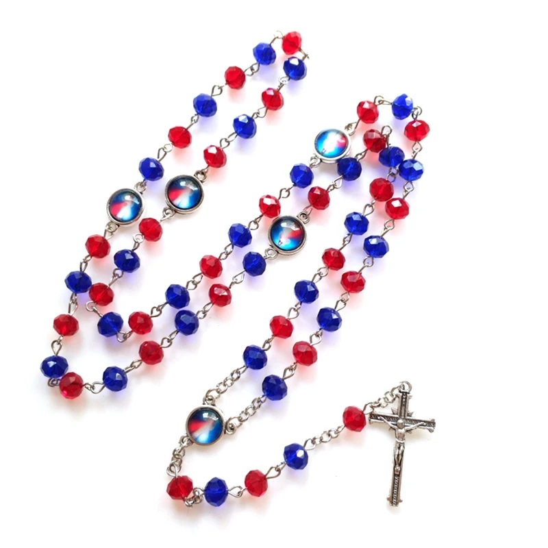 Catholic Beads Red & Blue Crystal Rosary Necklace Holy Medal & Cross Pendant Favors for Baptism Communion Weddings Wholesale