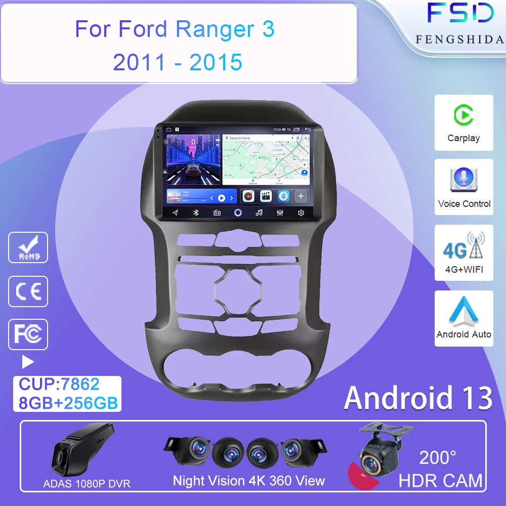 

Car Android 13 For Ford Ranger 3 2011 - 2015 Stereo Multimedia Player GPS Navigation Carplay 5G wifi BT QLED Screen No 2din DVD