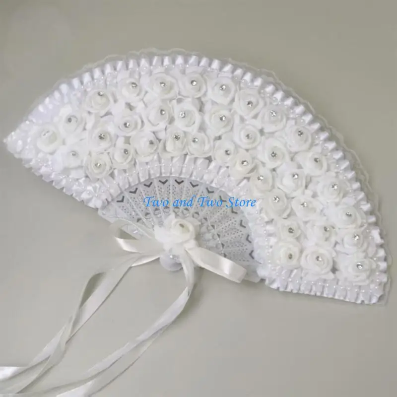 HX6F Bachelorette Rosette Fan BRIDE for Bride To Be Gift Bridal Shower Gift Supplies Bride to Be Lace Rhinestones Fan