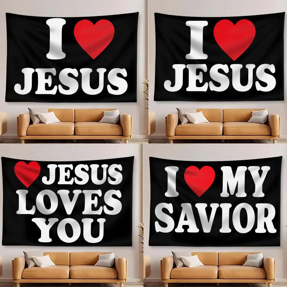 I Love Jesus Flag Tapestry Aesthetic Wall Tapestry Microfiber Fabric Backdrop Boho Decor for Bedroom Living Room Dorm