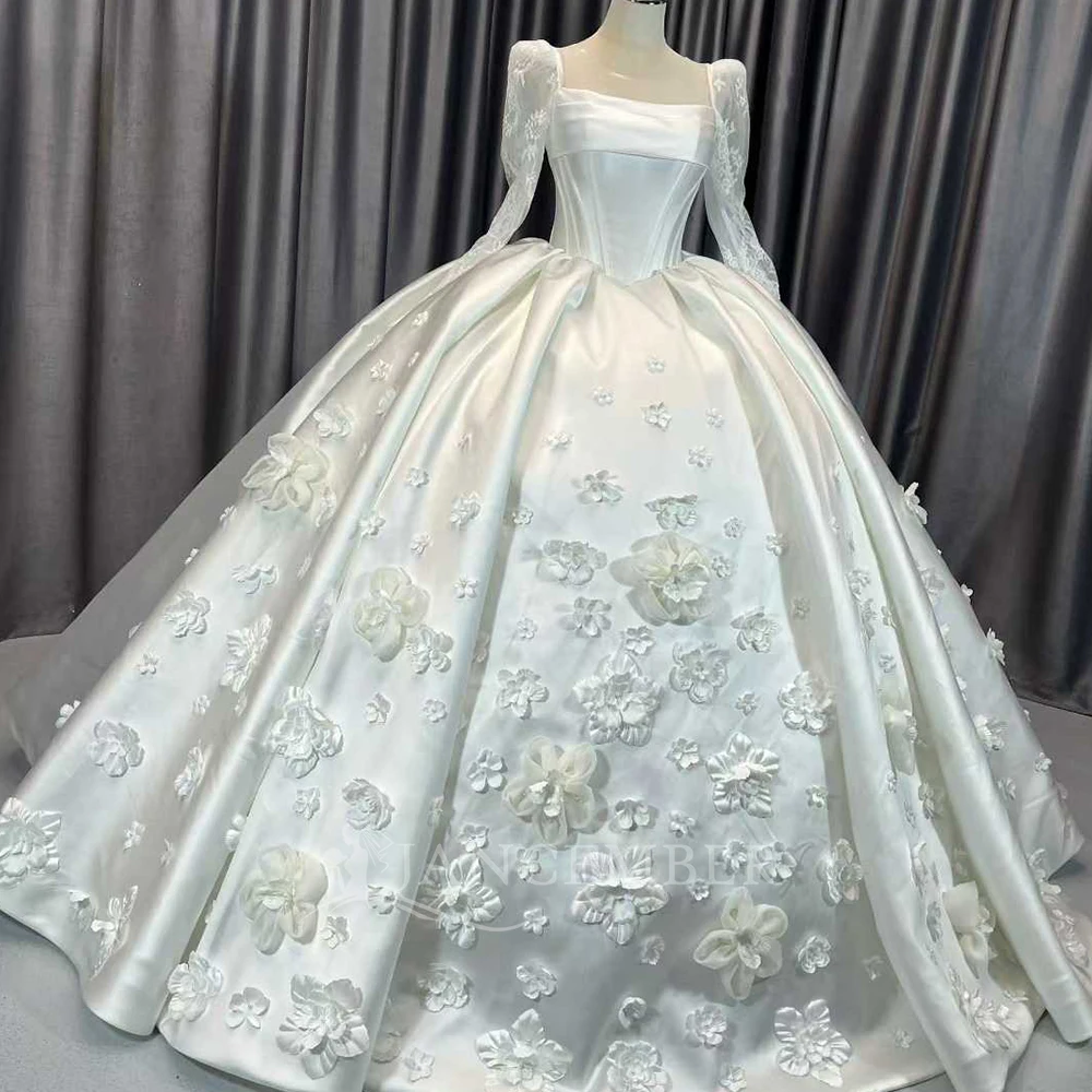 

Ball Gown Luxury Wedding Dresses Square Collar Long Sleeve свадебное платье Satin Sequined Princess Custom Made B