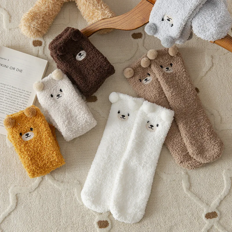 3 Pairs Winter Socks Women Warm Fluffy Socks Bear Cute Animal Coral Fleece Fuzzy Socks Thicken Home Sleep Kawaii Floor Socks Ins