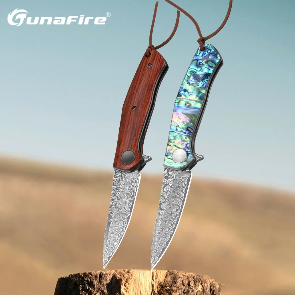 TUNAFIRE Folding Pocket Knife 4020 Damascus VG10 Steel Blade Wood Handle Knife For Men Tactical Hunting Camping Knives Gift Tool