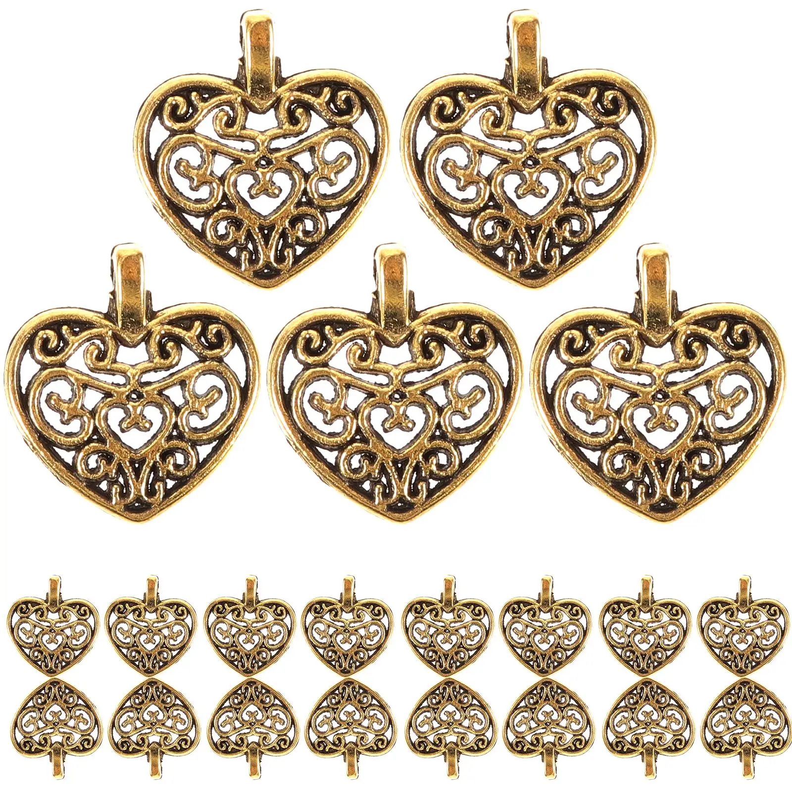 

50 PCS Hanging Heart Pendant Miss Key Charms for Crafting Gold Hollow Metal Pendants