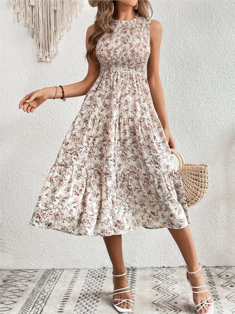 

New Style 2026 Summer Women Sleeveless Dress Casual Printed Holiday Beach Long Dress For Lady Sexy A-line Streetwear Robe Femme