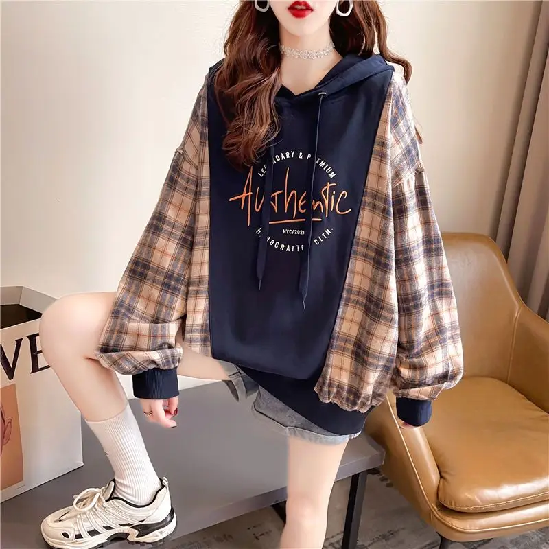 Fashion Letter Embroidery Plaid Hoodies Sweatshirts Female Clothing 2024 Autumn New Loose Casual Tops Young Style Sweatshirts