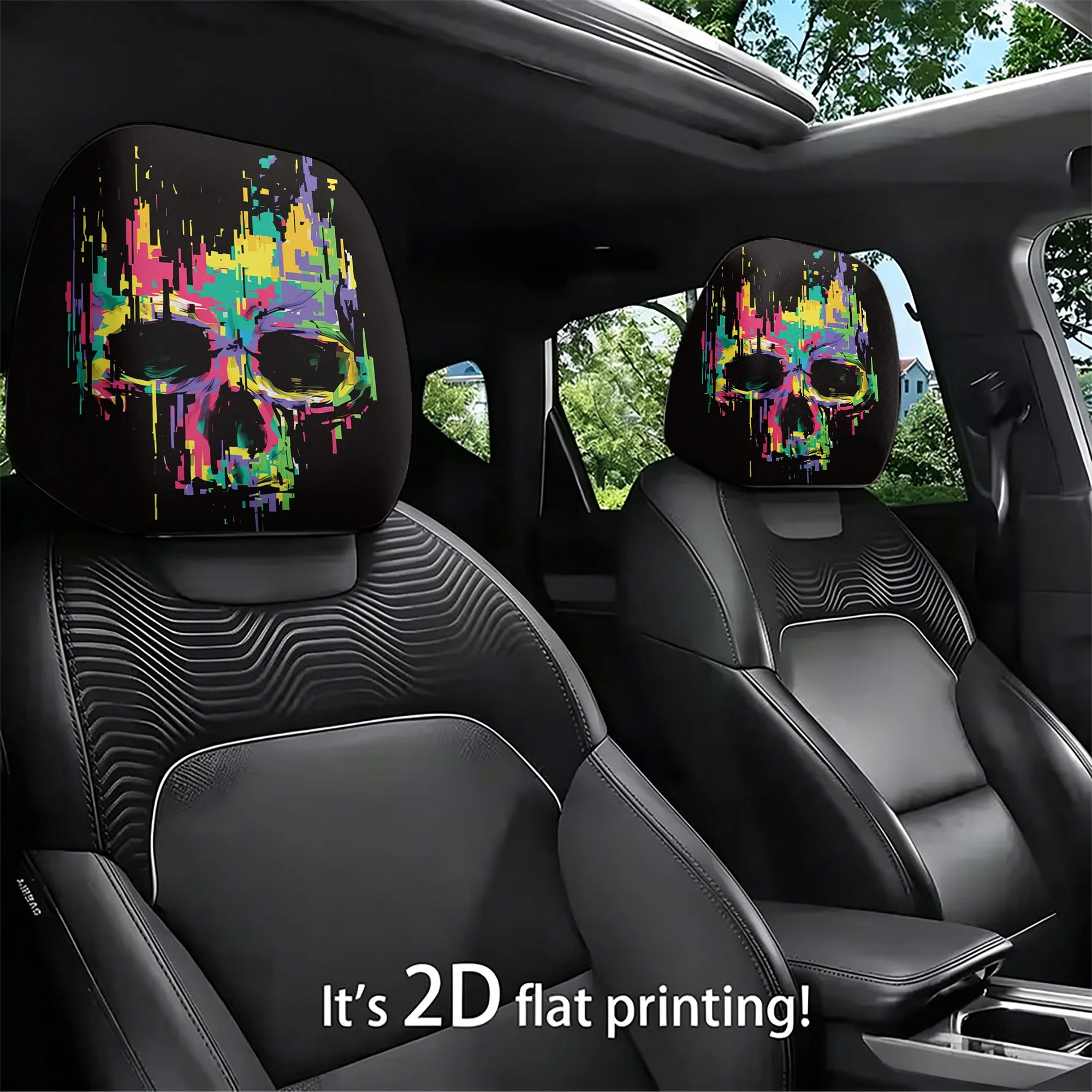2pcs Multicolored Artistic Skull Car Headrest Covers—add a splash of vibrant color to your car’s interior. Not filled. Easy to i