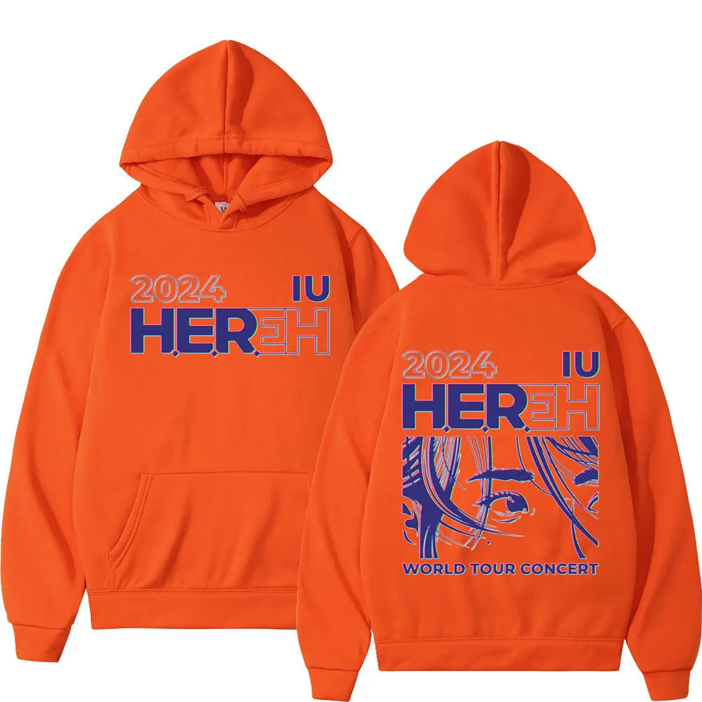 Kpop IU hereh 2024ทัวร์โลก, เสื้อมีฮู้ดพิมพ์ลายสองด้านแนวโน้มแฟชั่นเสื้อสวมหัวย้อนยุคเสื้อสเวตเชิ้ตแขนยาวลำลองสำหรับผู้ชายและผู้หญิง