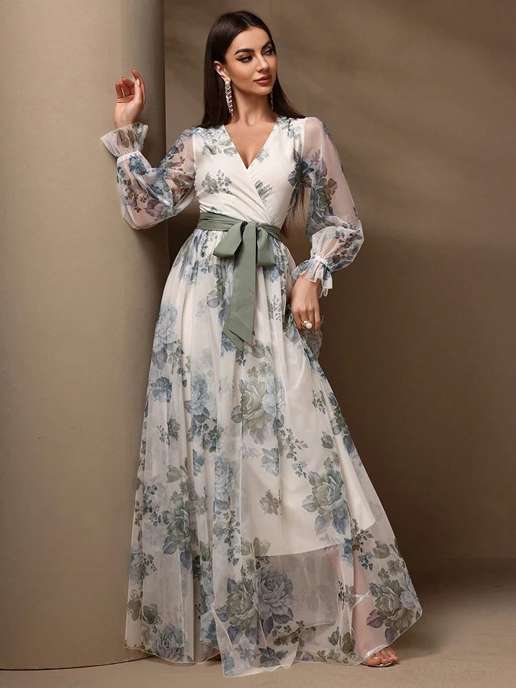 TOLEEN Summer Floral Print Flare Sleeve Belted Lace Mesh Overlay Maxi Dress 2024 New in Women Casual Elegant Female Long Dresses