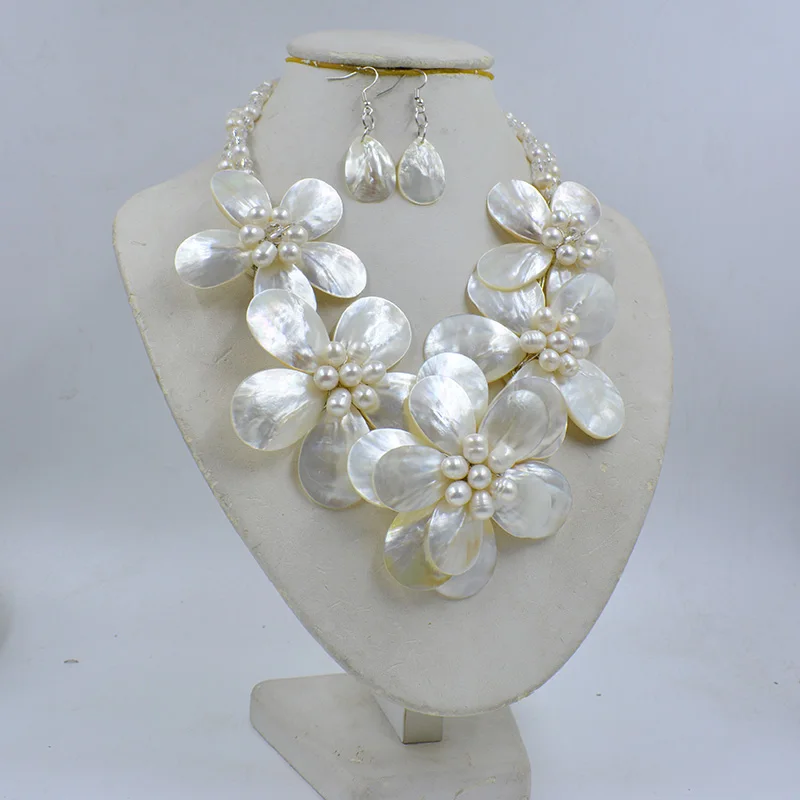 New Style ! African Beads Jewelry , Freshwater Pearl  Shell Flower Necklace For Wedding Or Party,20\